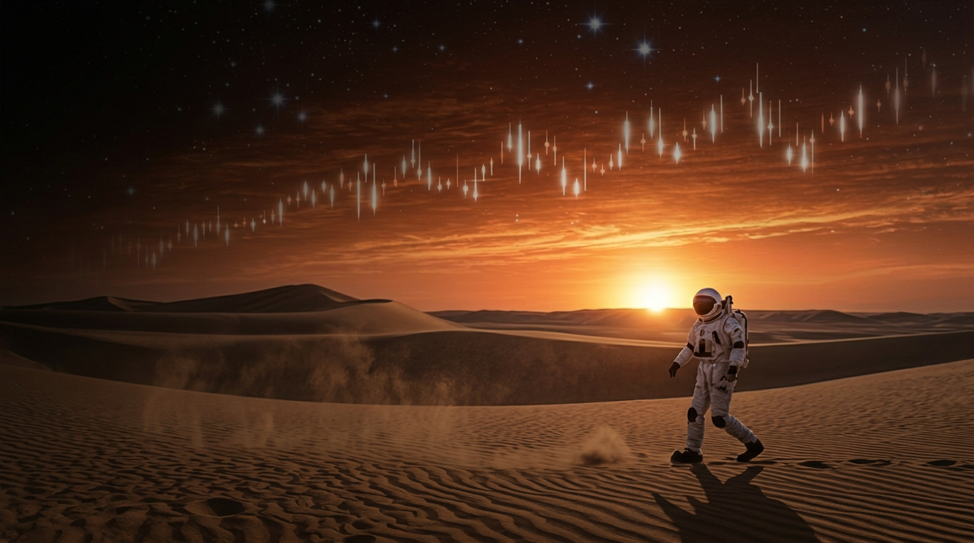 Astronauta caminando sobre la arena bajo velas japonesas luminosas